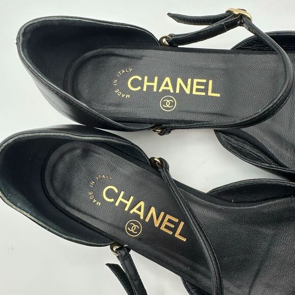 CHANEL Black CC Logo Mary Jane Ballet Flat Size 36.5 Leather Cap Pointed Toe - Picture 10 of 15